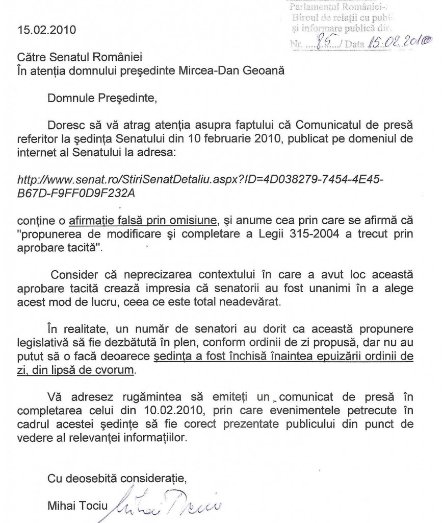 Nr. 85/15.02.2010 - Comunicatul de presa al Senatului este mincinos!